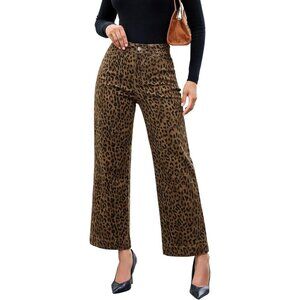 Wide Leg Denim Jeans Women Stretchy High Waist Leopard Ankle Length Pockets